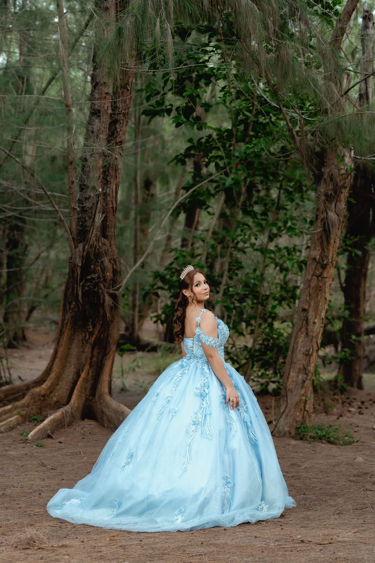 Light blue ball gown with floral appliques photographed in forest setting.