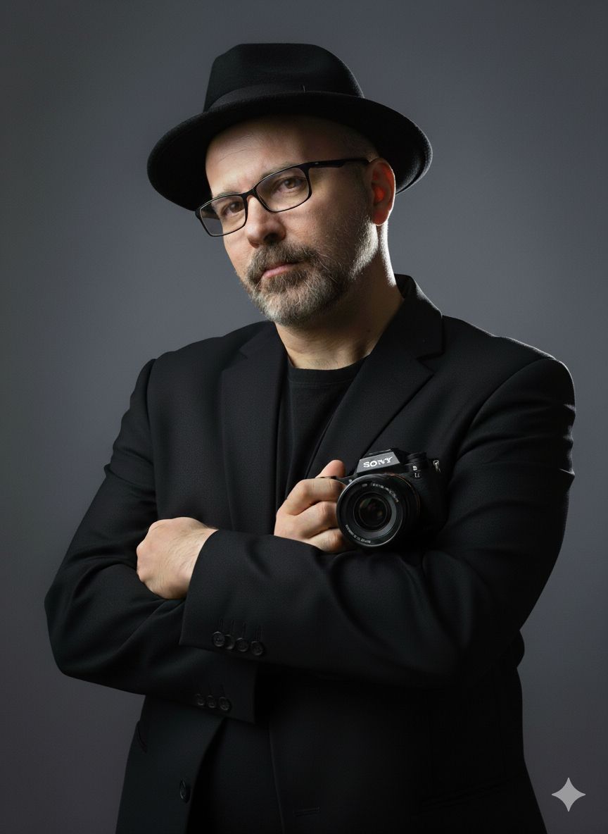 A person in black attire and fedora hat poses artistically against a gray studio backdrop in a series of dramatic shots.