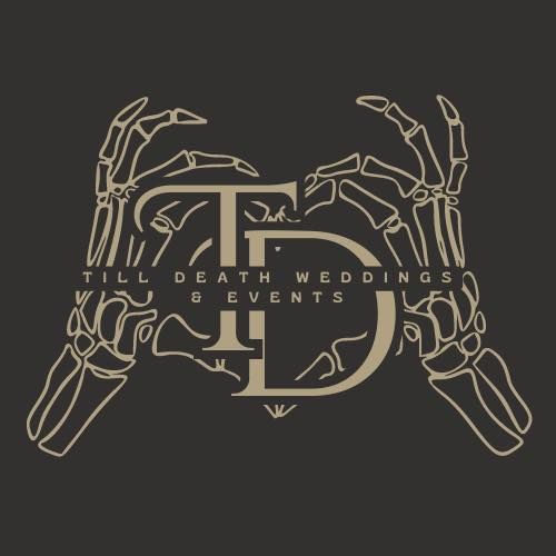 Till Death Weddings and Events logo featuring ornate skeleton hands forming a heart shape.