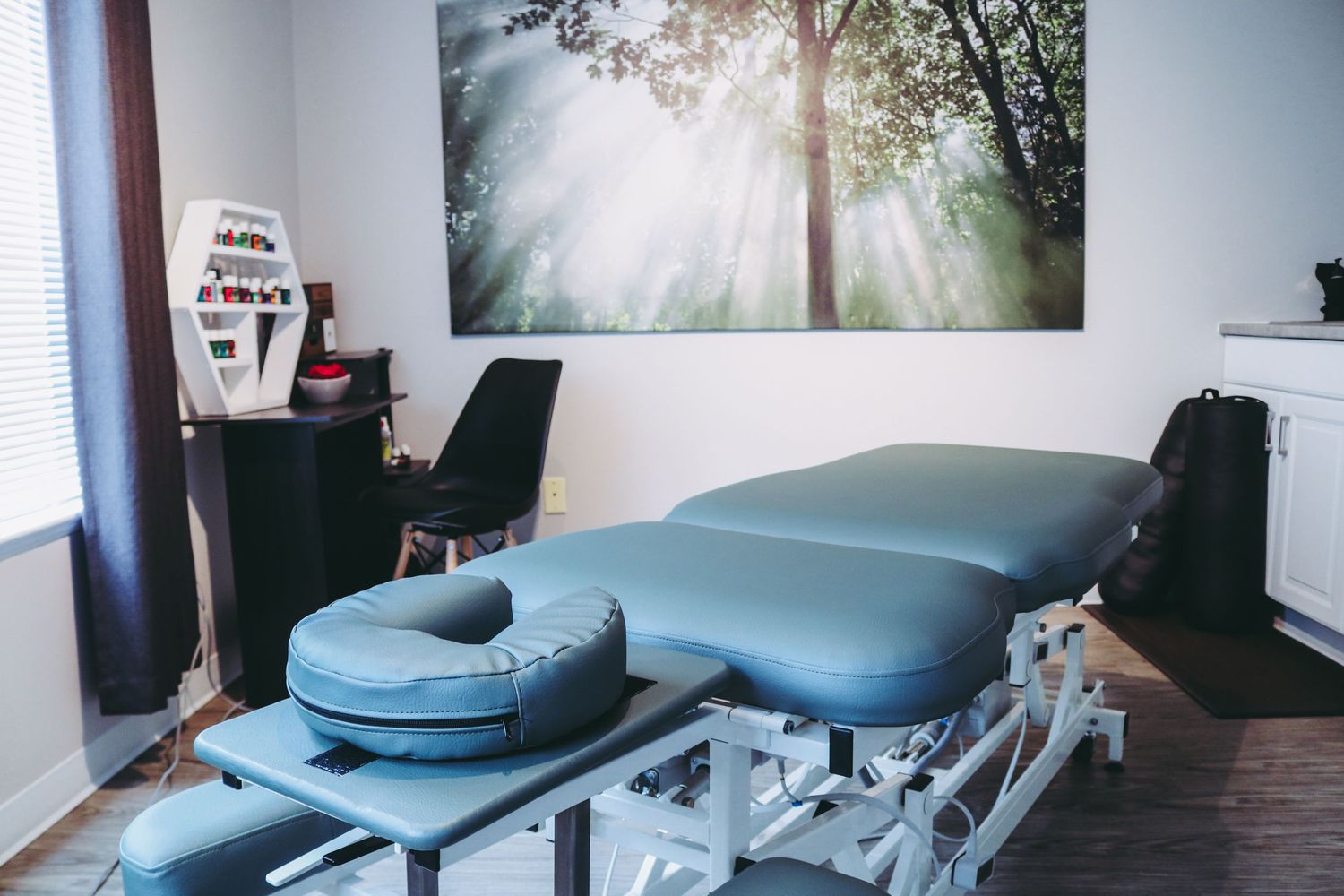 Clean massage therapy room with blue treatment table and nature artwork on wall.
