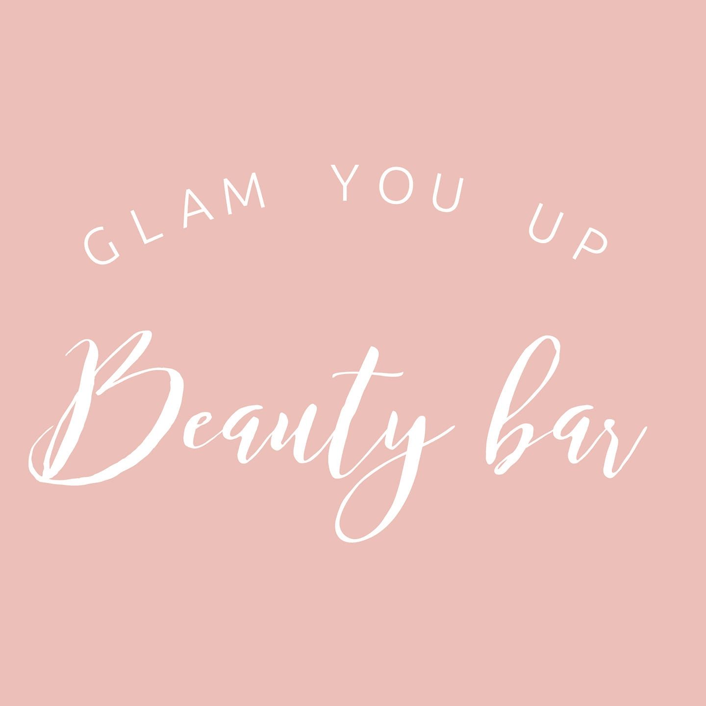 Glam You Up Beauty Bar logo in white script text on soft pink background.