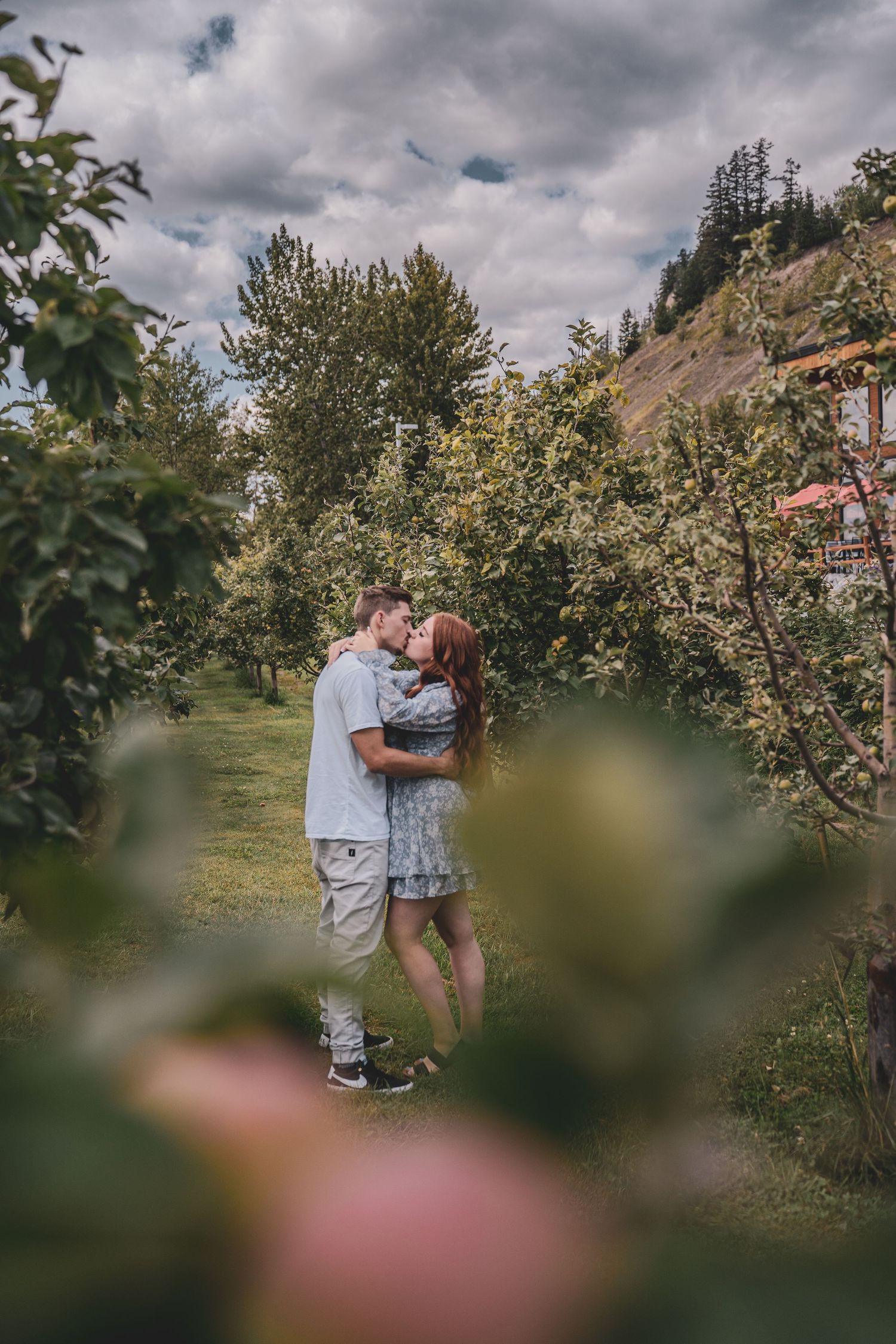 Couple sharing a romantic kiss in a lush apple orchard under a dramatic cloudy sky.