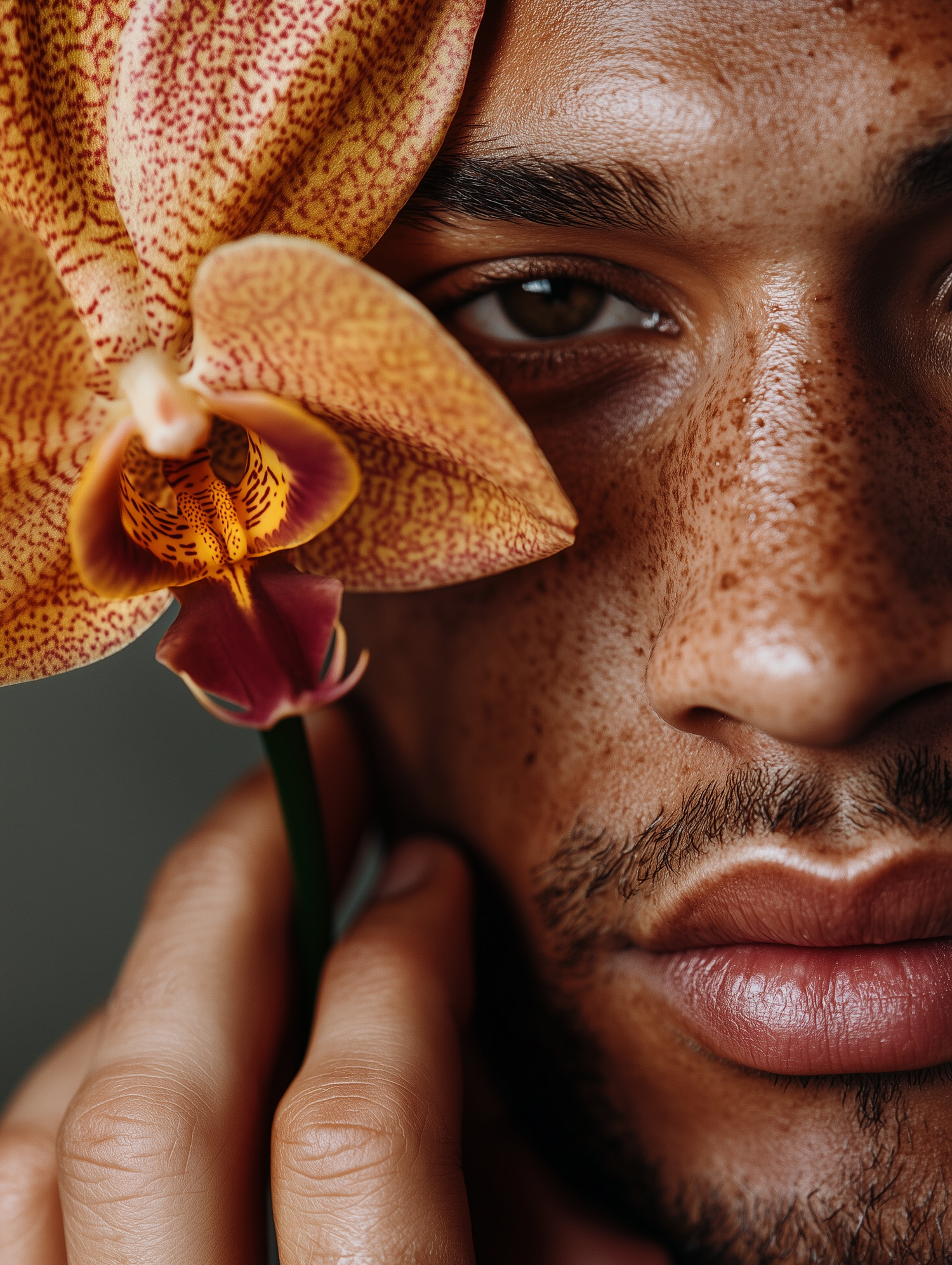 Artistic close-up portrait showing the textured skin of a person with an orange flower near their eye