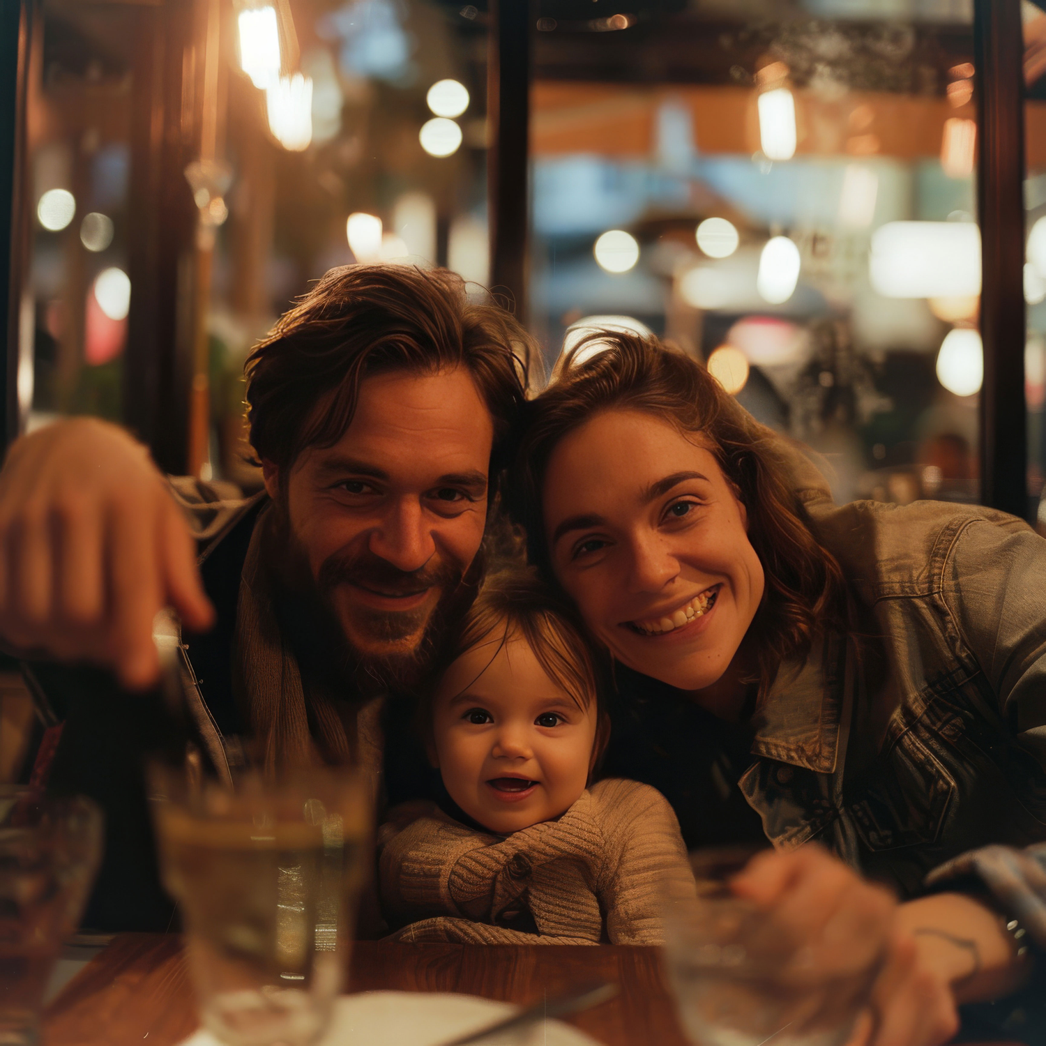 Candid family photograph of parents and a young child smiling while sitting at a restaurant or bar table