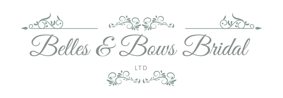 Elegant wedding dress shop storefront with 'Belles & Beaus Bridal' signage and decorative scrollwork details.