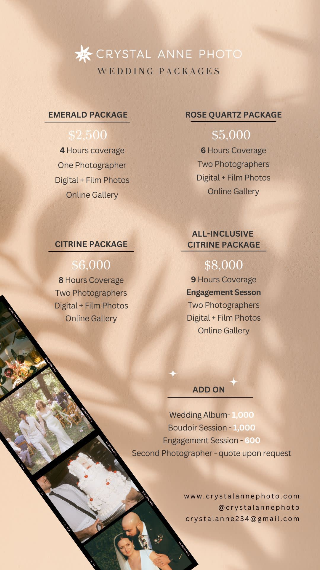 Crystal Anne Photo wedding packages pricing guide showing Emerald, Rose Quartz, Citrine, and All-Inclusive options.