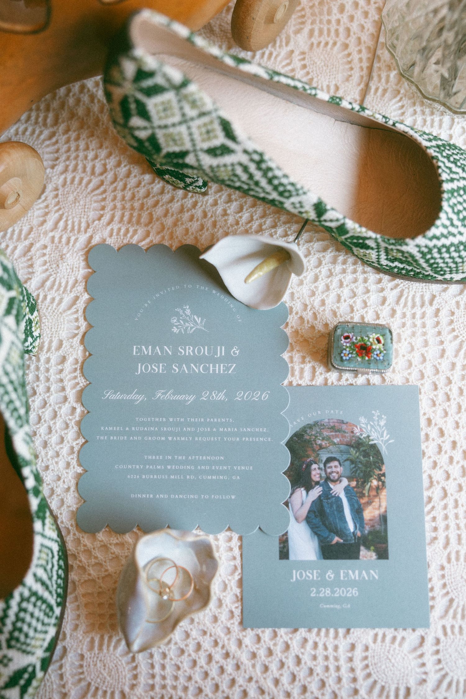 Wedding invitation for Eman Srouji and Jose Sanchez dated February 28 2026 with shoes and accessories.