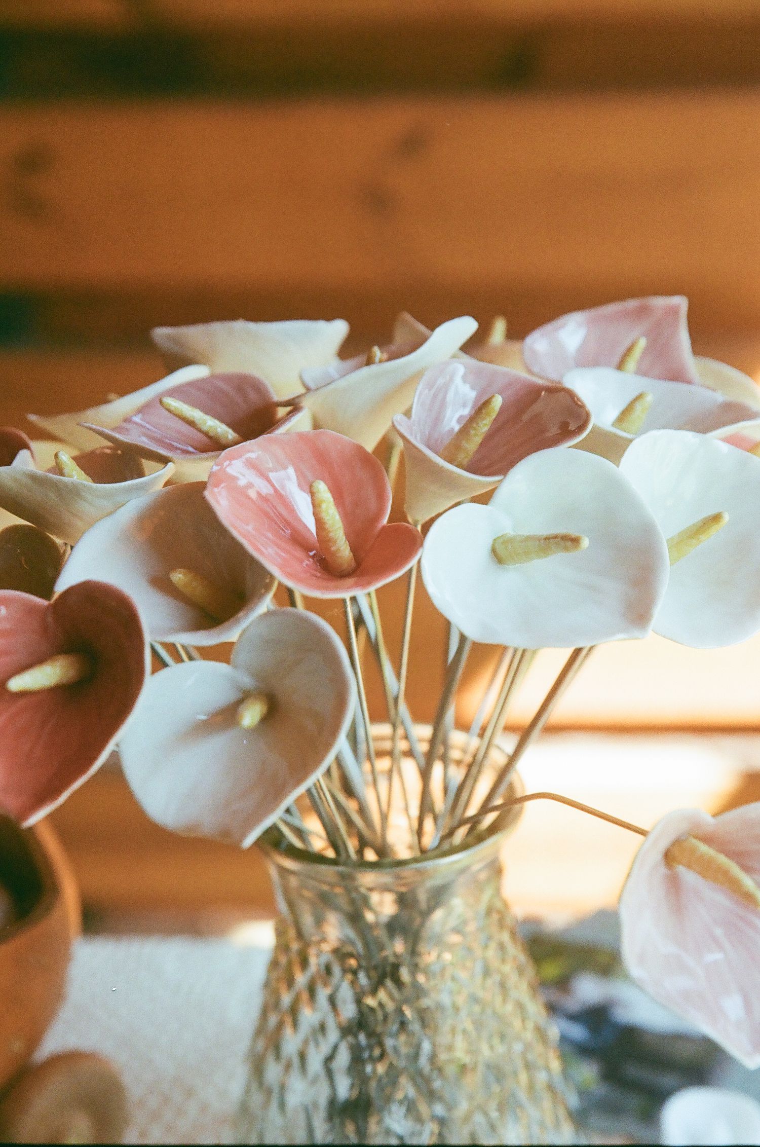Pink and white calla lily flowers in a glass vase on a table with wooden walls in the background.