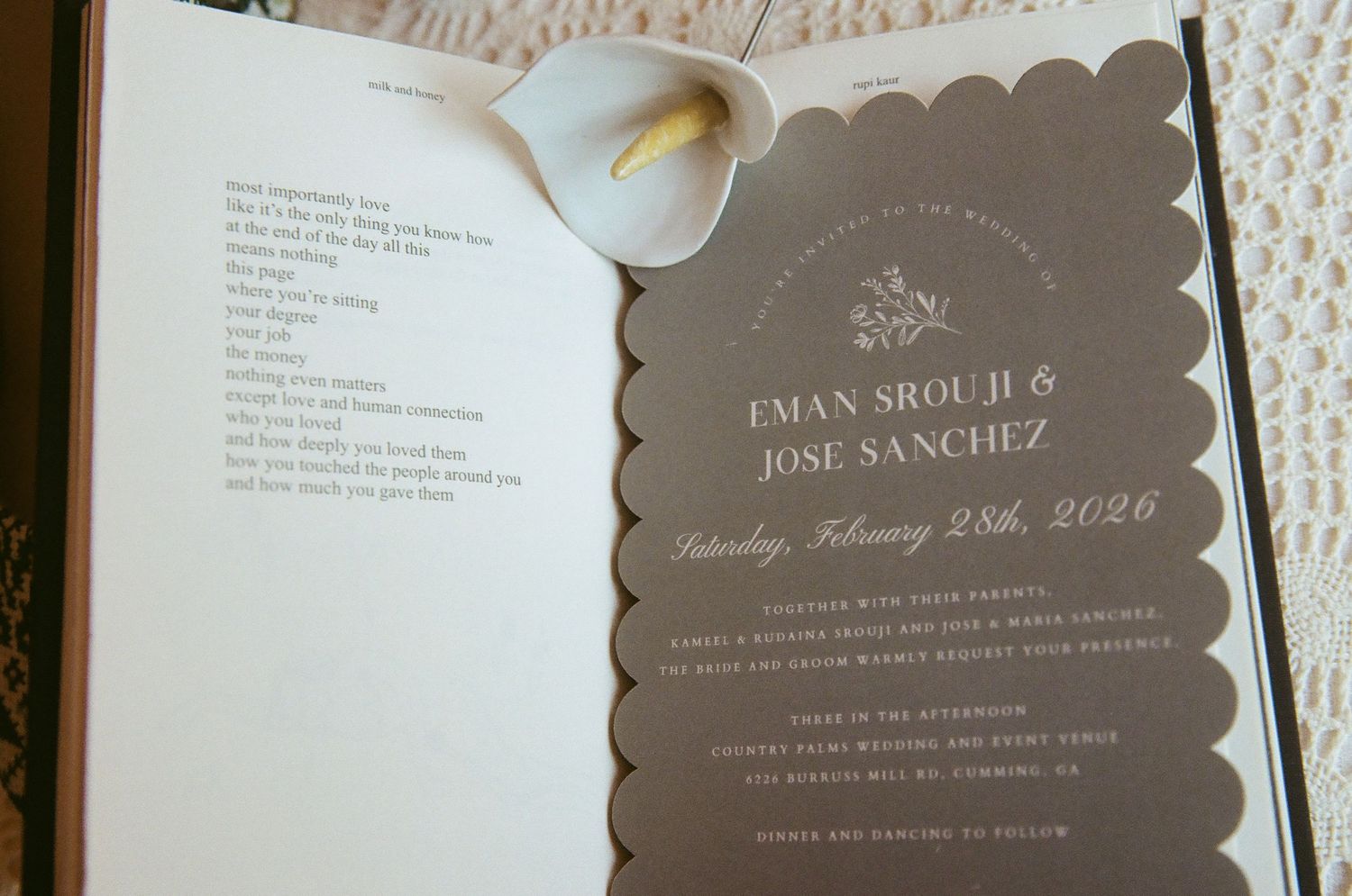 Wedding invitation for Eman Srouji and Jose Sanchez, Saturday February 28th 2026.