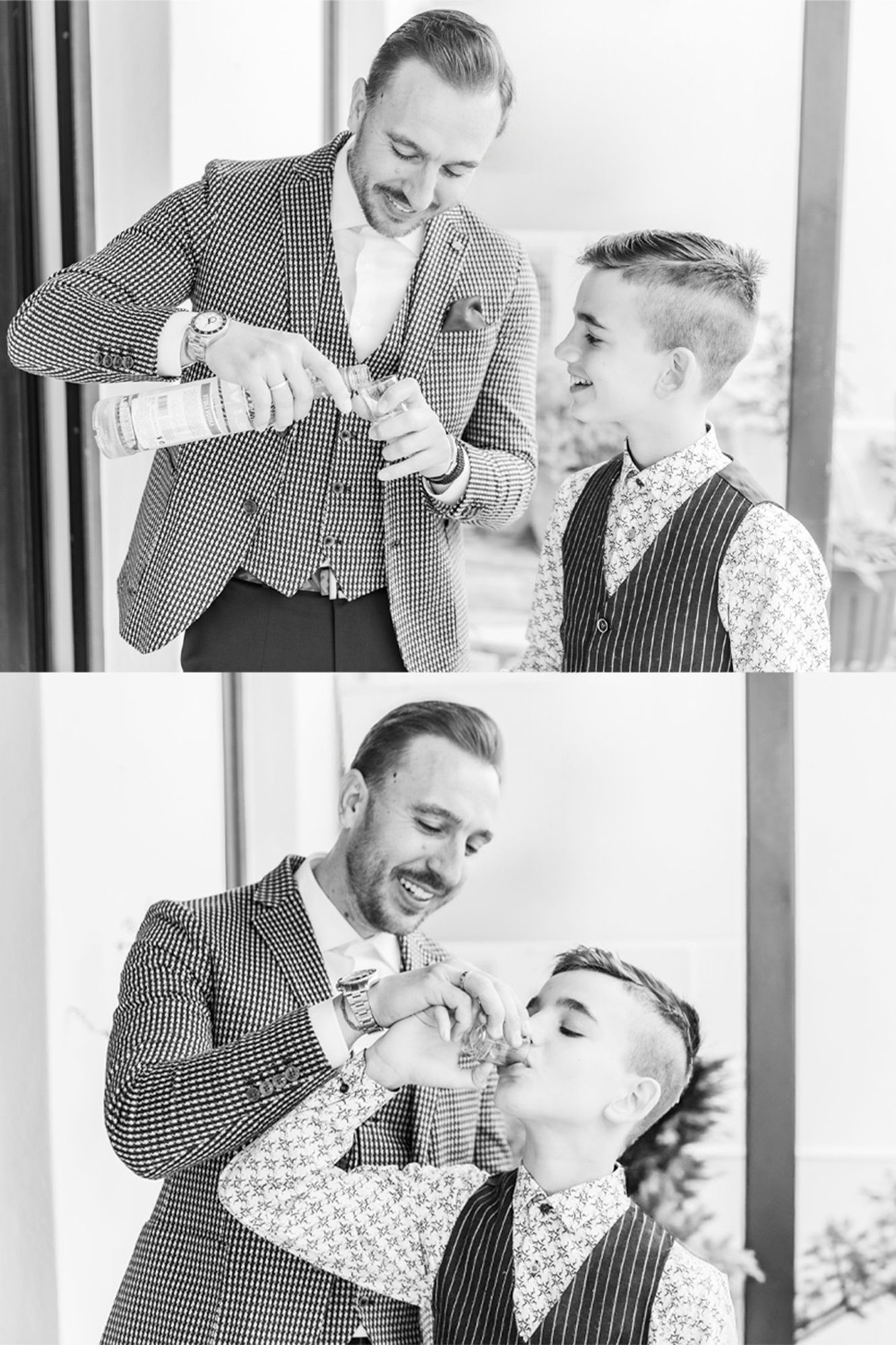Black and white photos showing playful moments between two people in formal attire.