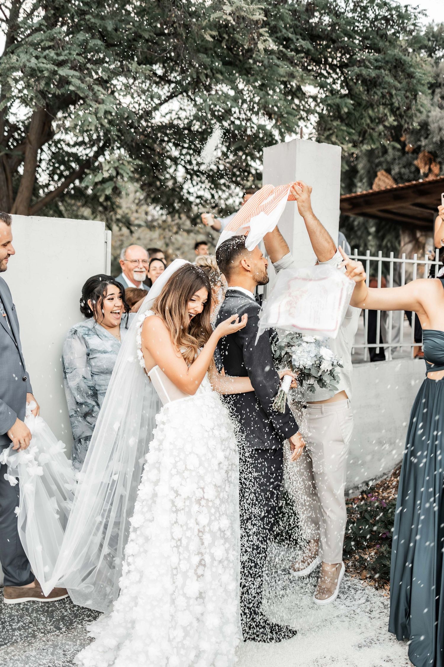 A sequence of joyful wedding celebration moments with guests in formal attire.
