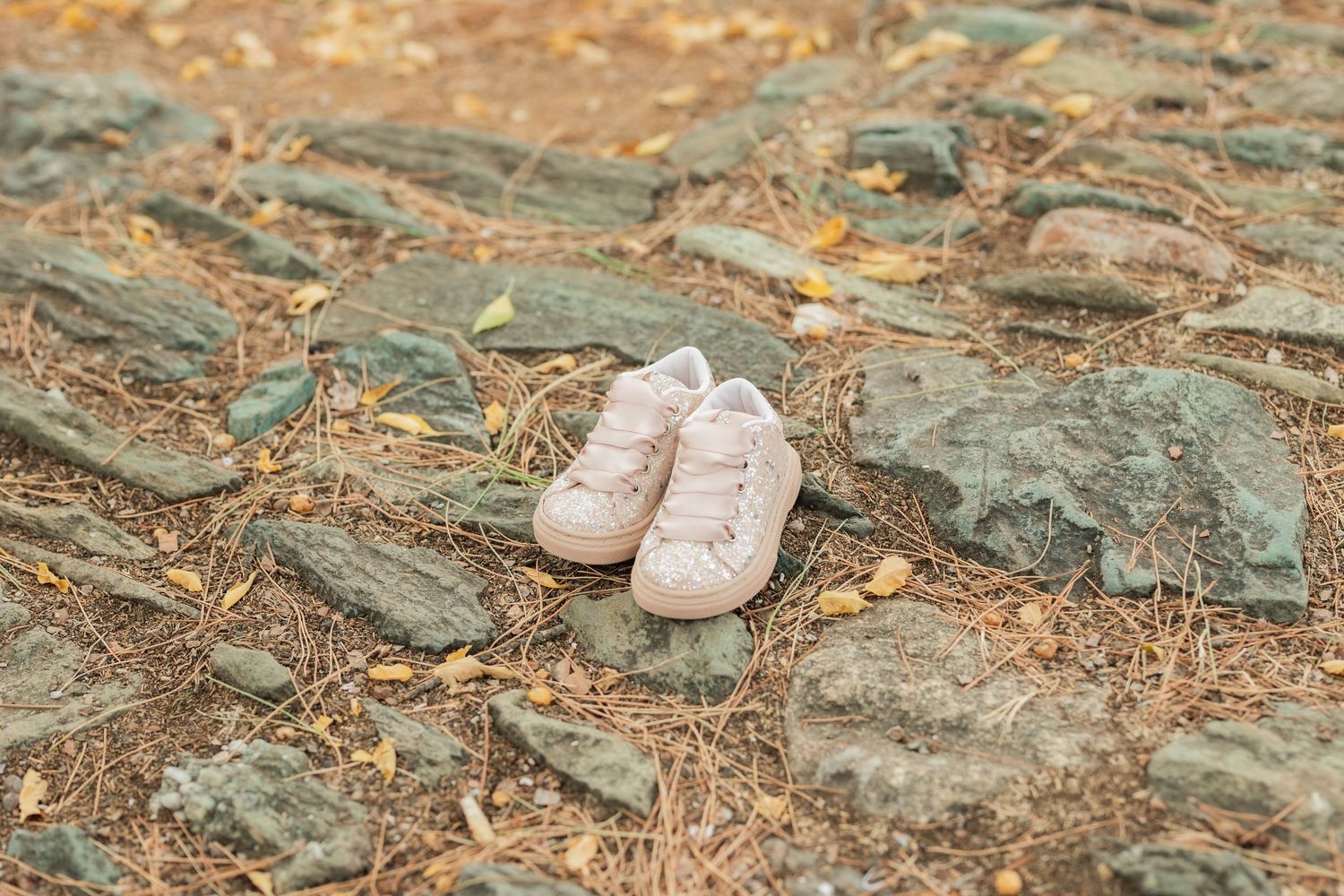 A sequence of small pink baby shoes arranged on a rustic stone path in natural lighting.