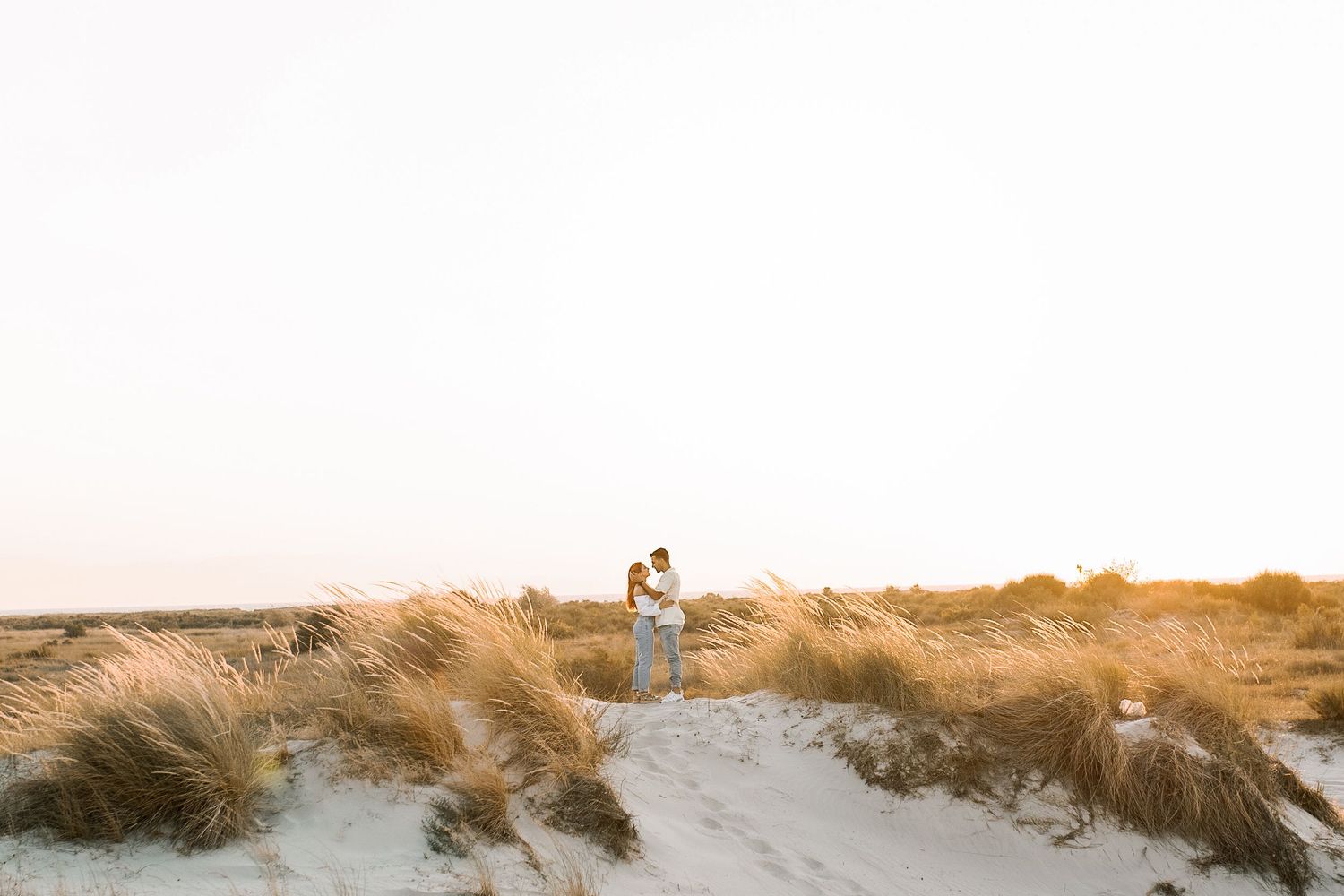 A brown and white dog runs playfully through tall beach grass along a sandy coastal dune at sunset.