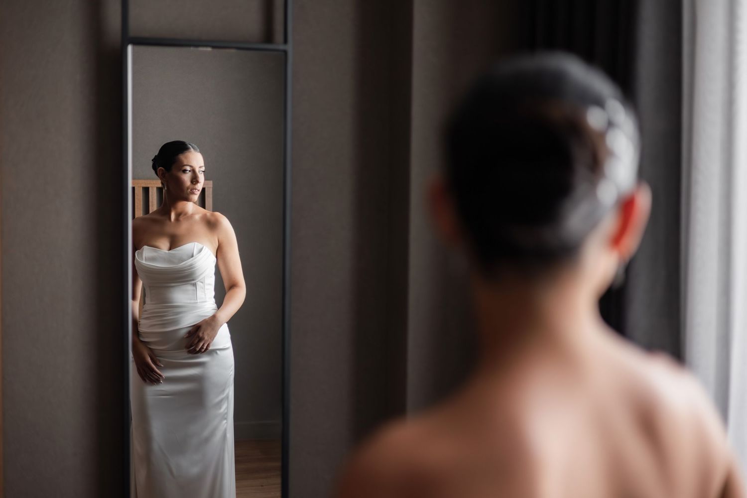 Series of artistic black and white bridal portraits showing different angles and poses.