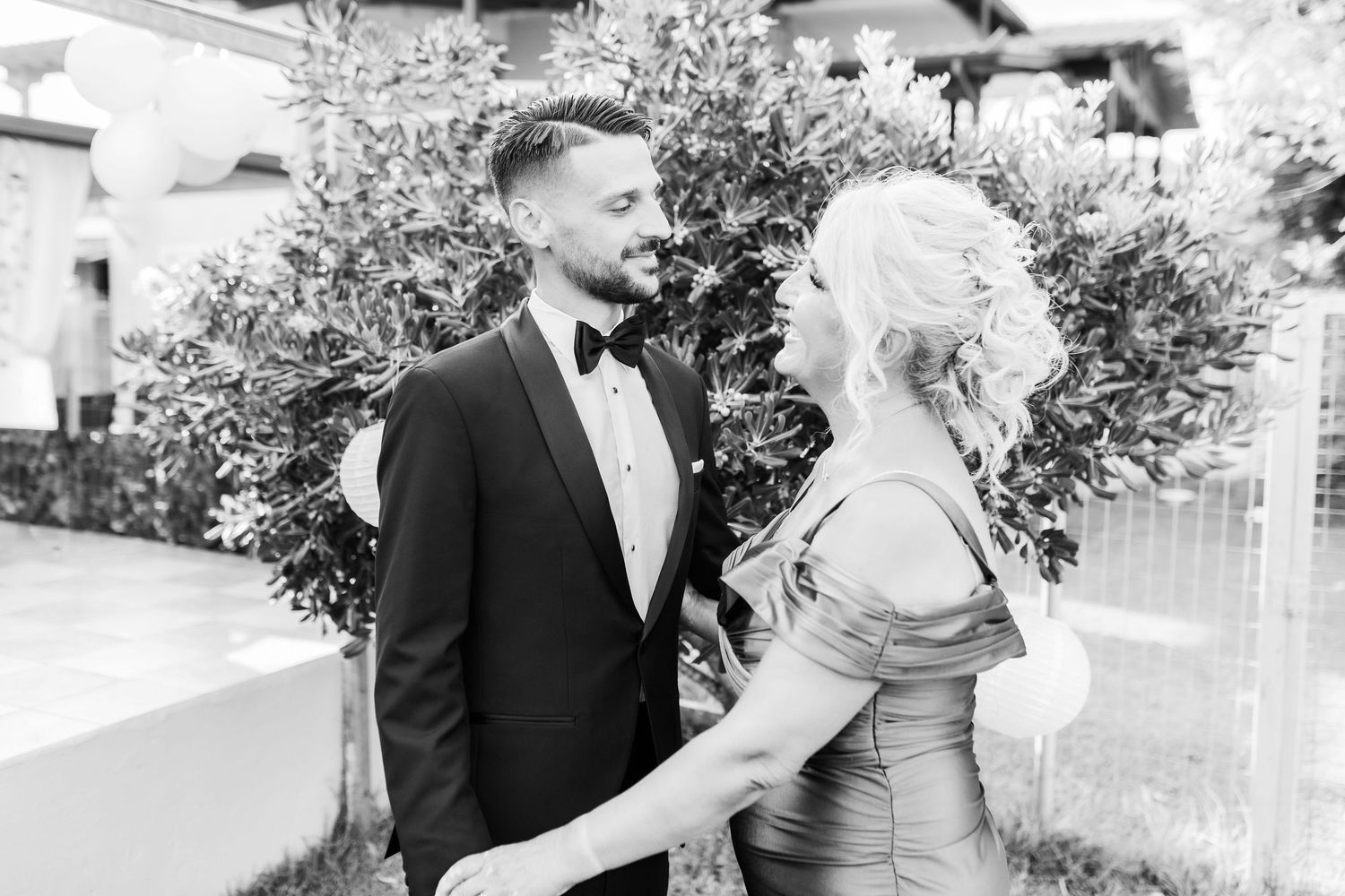 Candid moments of wedding party members celebrating outdoors.