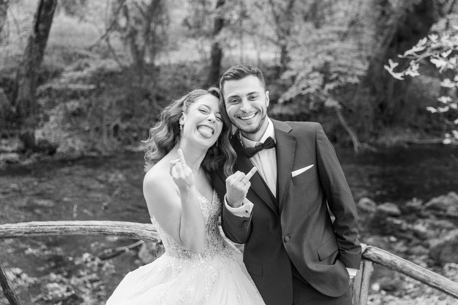 A collection of black and white wedding photos showing happy couples embracing outdoors in natural settings.
