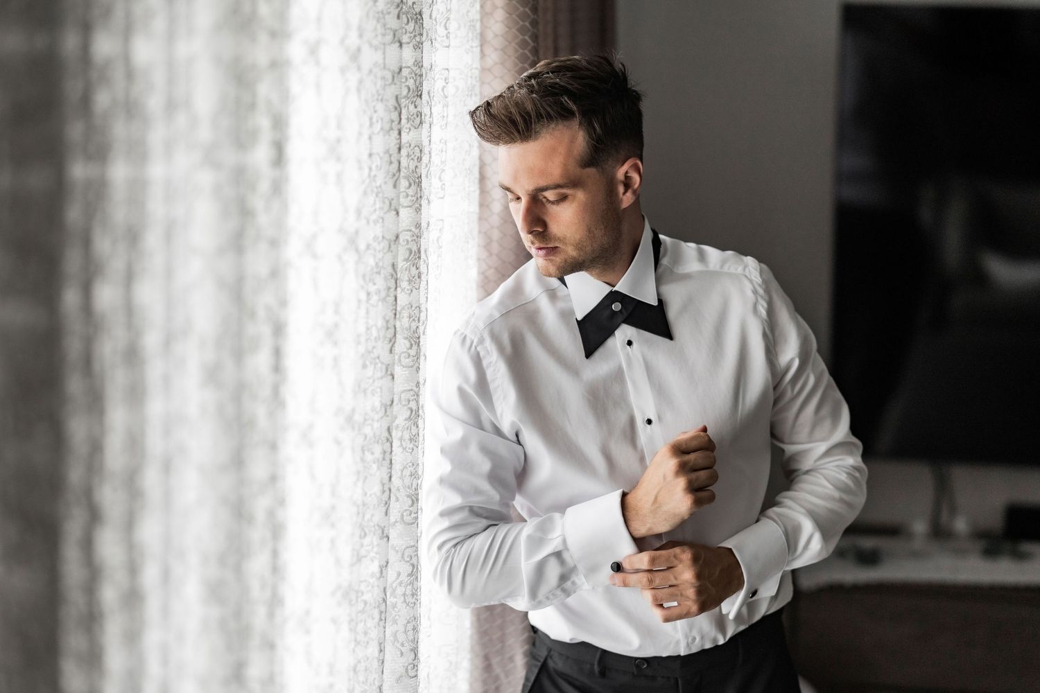 Series of photos showing formal attire preparation against a window with sheer curtains.