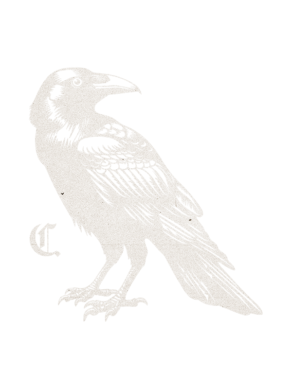 A faded vintage illustration of a crow or raven in light beige tones against a white background.