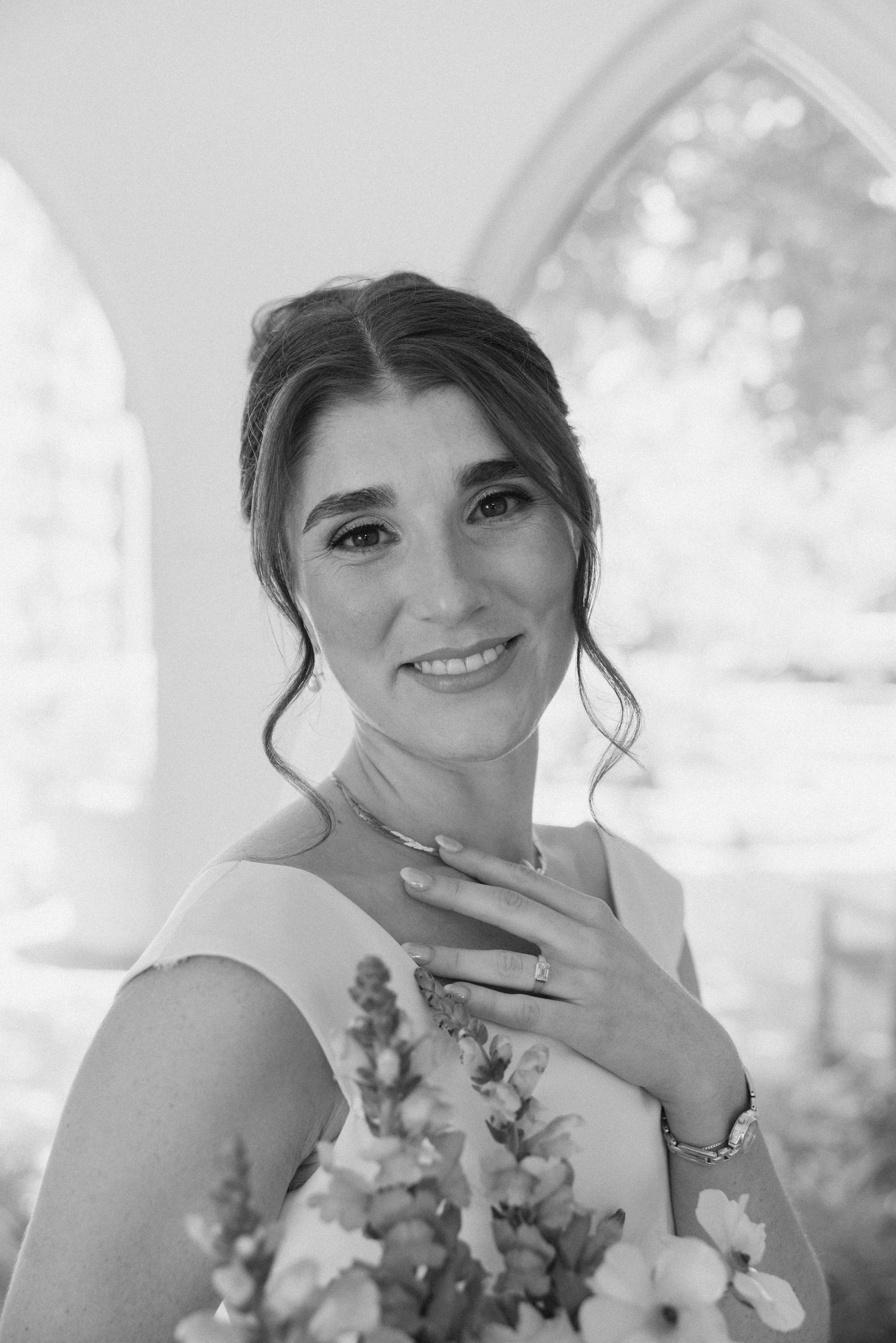 Close-up portrait series showing a bride holding a bouquet of flowers in natural lighting.