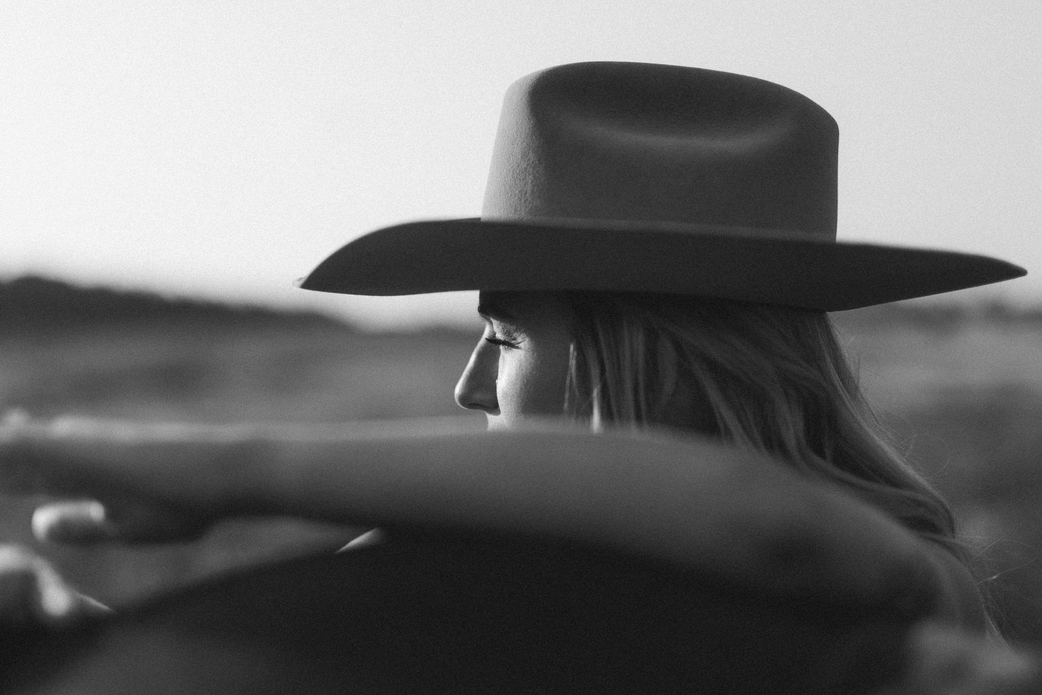 Silhouette of a cowboy hat against a monochrome countryside backdrop.