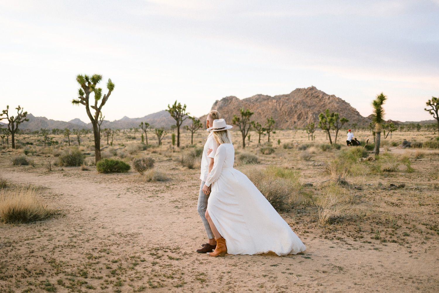A desert wedding photo session among Joshua trees at golden hour.