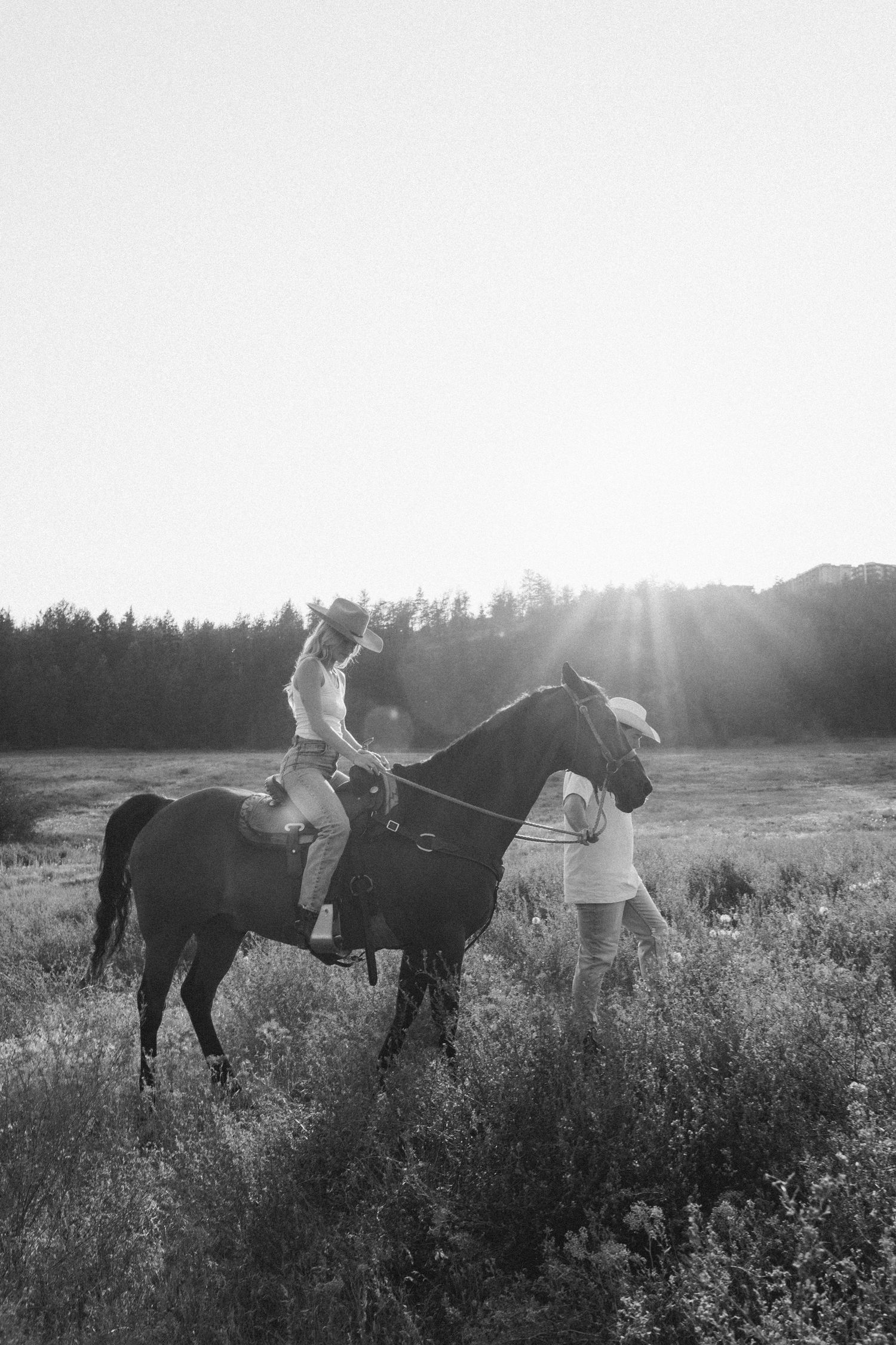 Black and white landscape shot of horses and their handlers in a wild meadow at sunset.