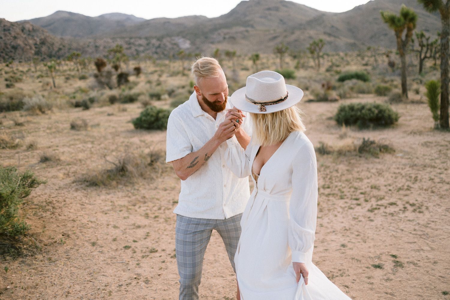 An intimate desert moment with mountains and Joshua trees in the background.