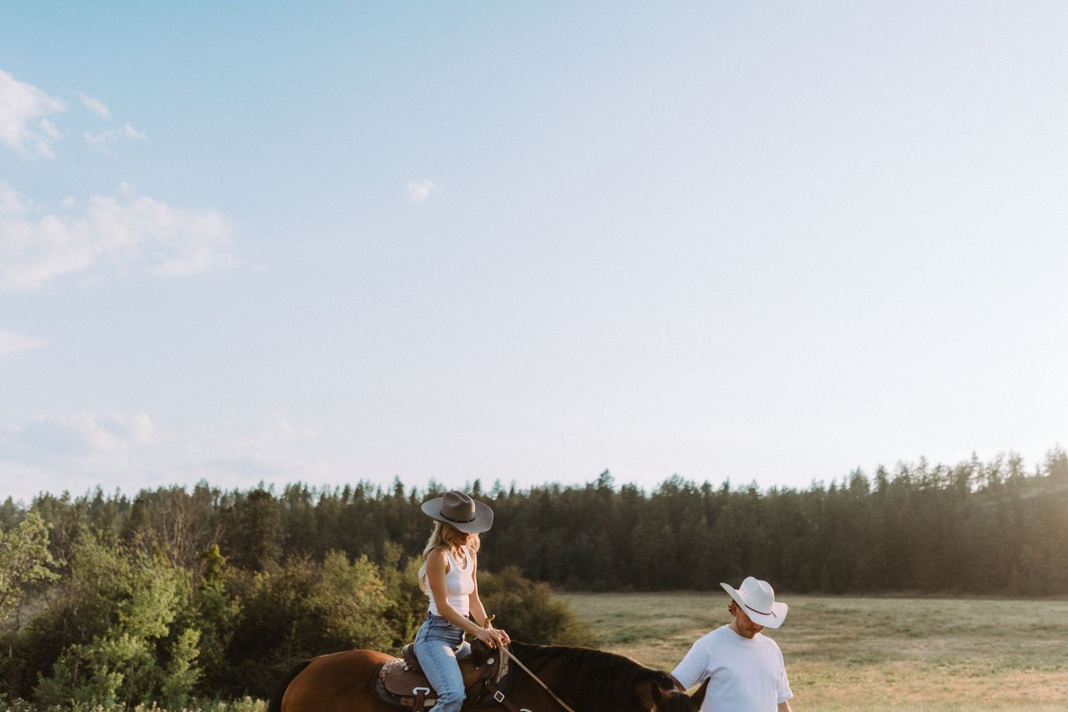 Golden hour landscape showing horses and riders silhouetted against a forested horizon.