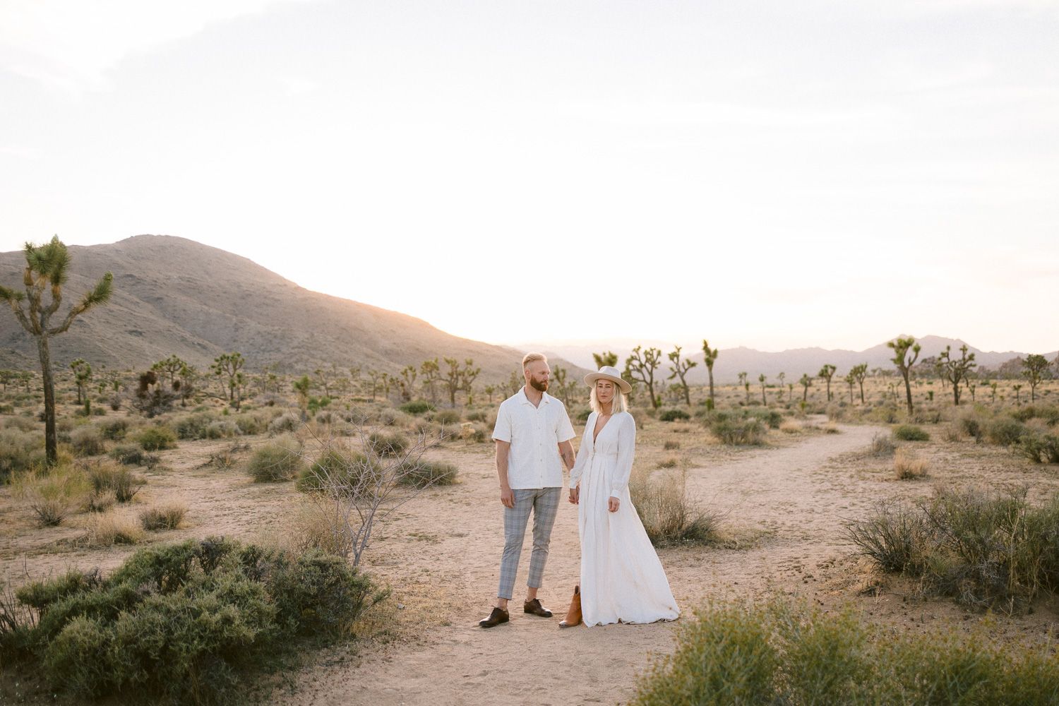 Wide landscape shot of a couple posing in a desert setting surrounded by Joshua Trees and mountains.
