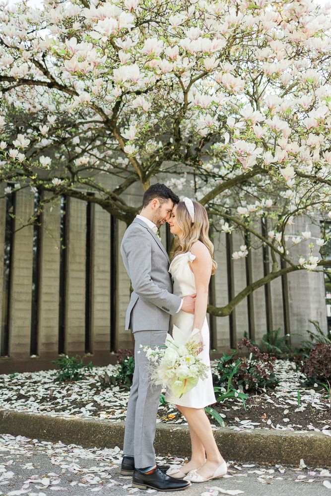 Romantic wedding couple shares intimate moment under blooming spring trees.