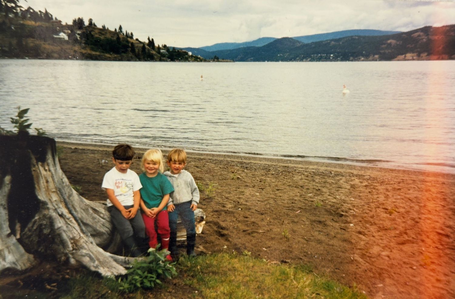 People sitting on a fallen log at a lakeside beach with mountains and forest in the background.