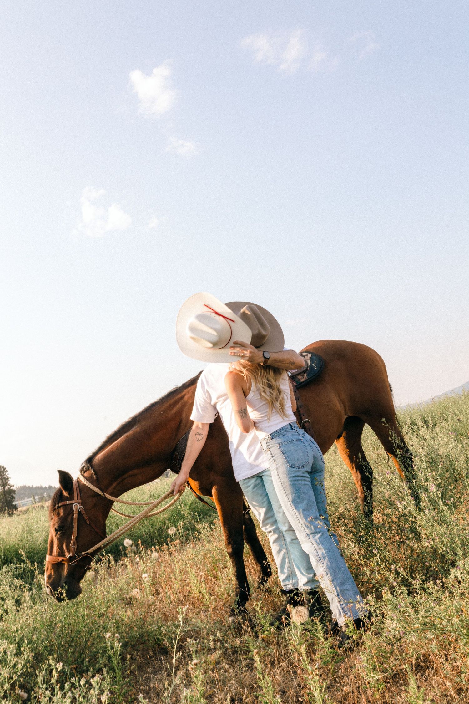 People in casual attire interacting with brown horses in a sunlit wildflower meadow.