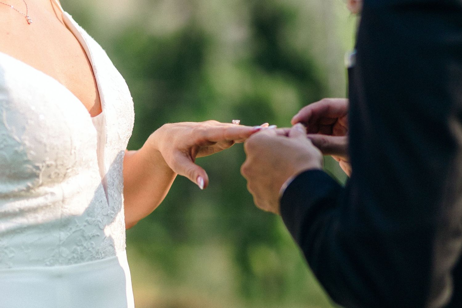 Bride and groom hold hands during an outdoor wedding ceremony with green foliage in the background.