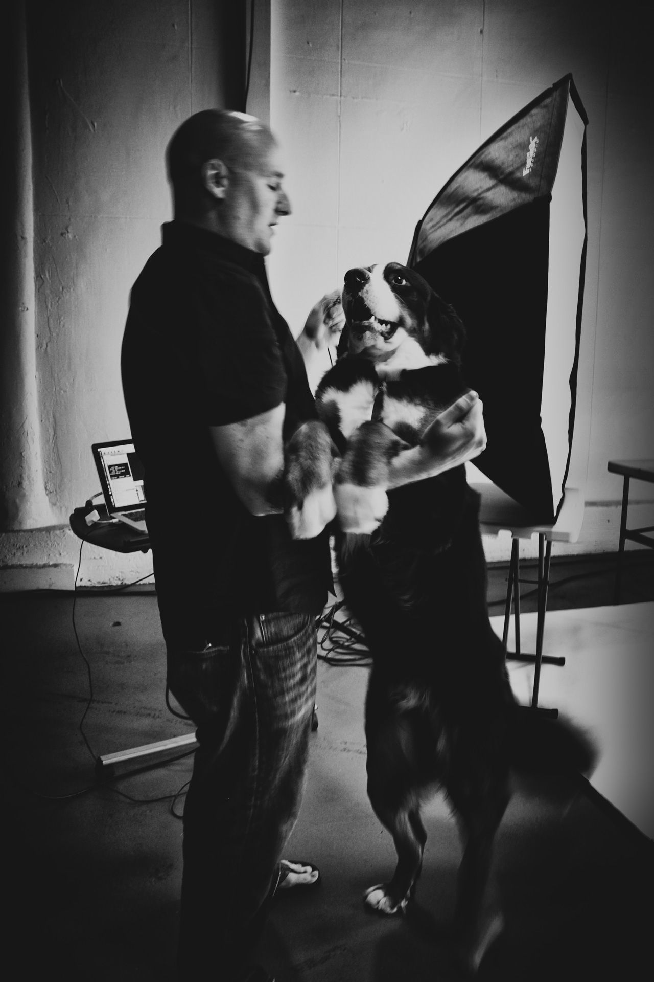 A black and white photo shows a man in a dark t-shirt playing with a large dog in a studio setting.