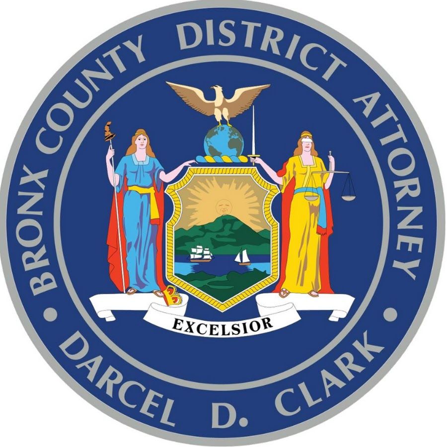Official seal of the Bronx County District Attorney featuring two robed figures and the New York state coat of arms on blue.