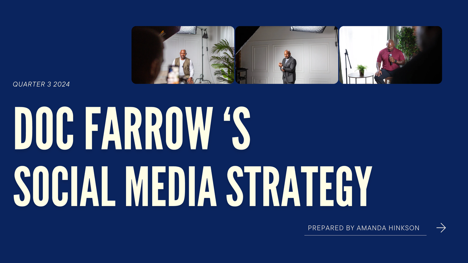 Presentation slide shows title 'Doc Farrow's Social Media Strategy' with thumbnail photos along top banner.
