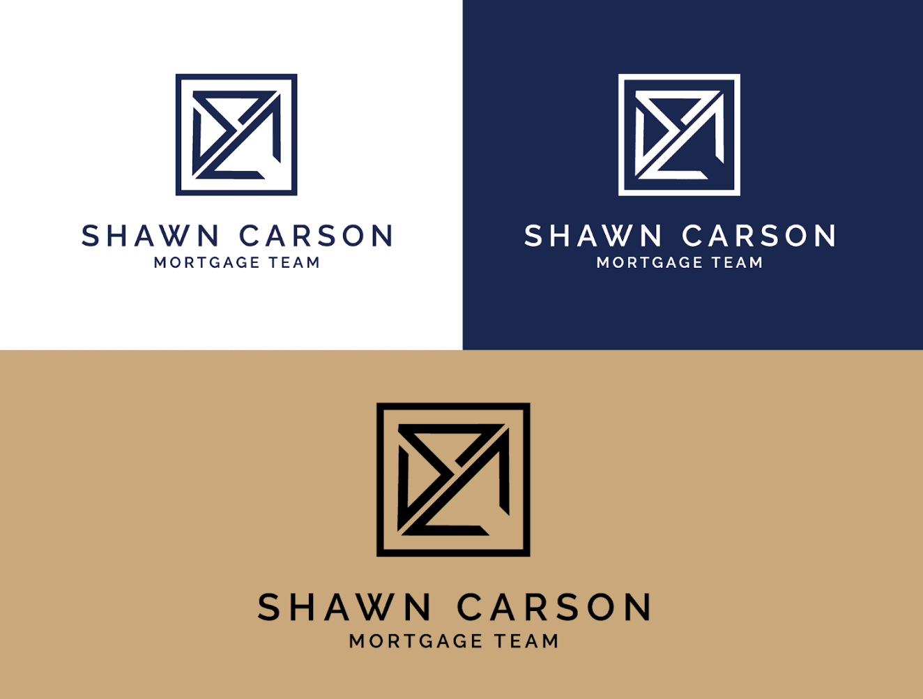 Modern geometric logo design for Shawn Carson Mortgage Team shown in black, white, and gold color variations.