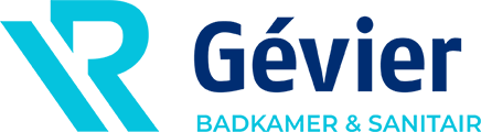 Blue and white logo design for Gevier Badkamer & Sanitair with modern geometric shapes and typography.