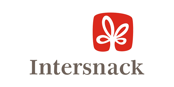 Red and white Intersnack logo design with stylized text and decorative bow element.