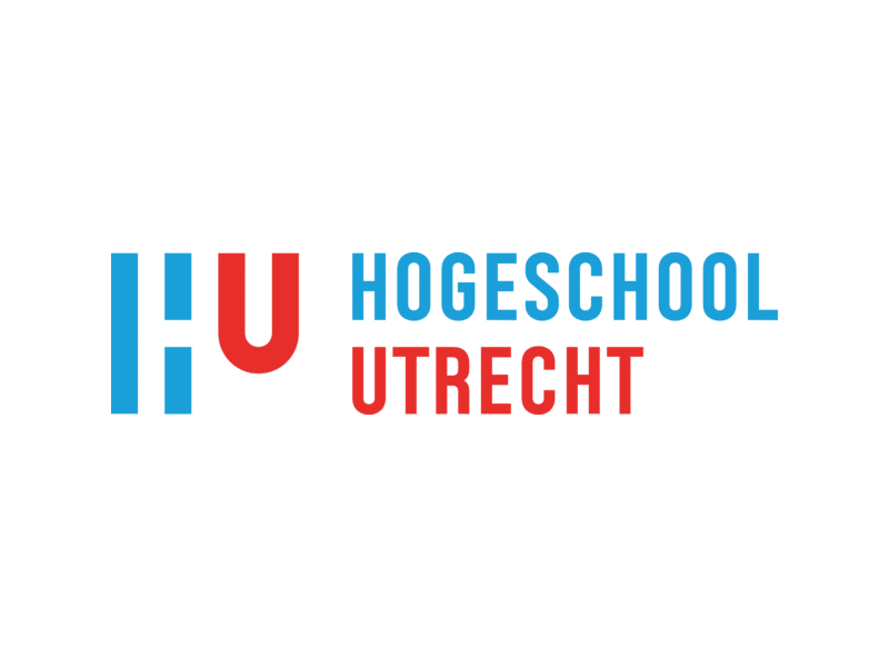 A modern red and blue logo design for Hogeschool Utrecht with text and geometric shapes.