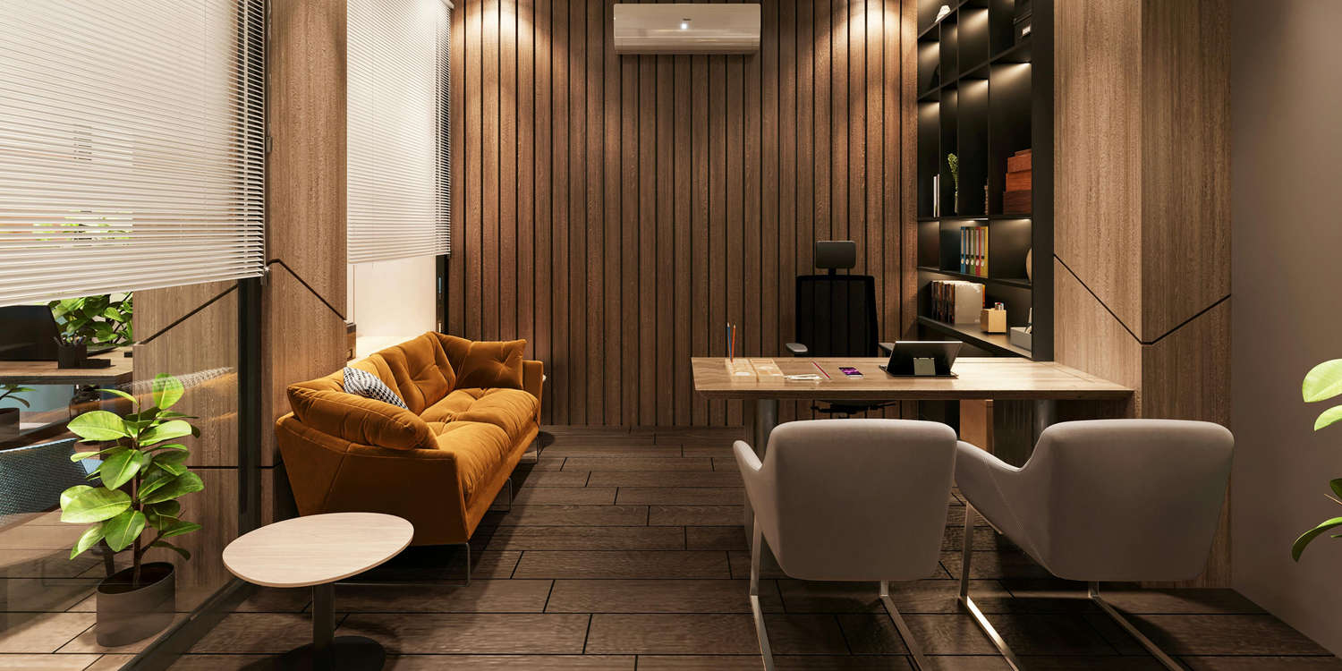 Professionelle Architekturfotografie eines modernen Büros mit Holzverkleidung in Chur.