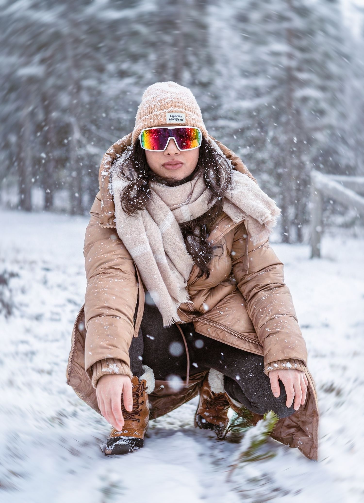 Modisches Winterportrait einer Frau im Schnee, kreatives Outdoor-Shooting in Davos.