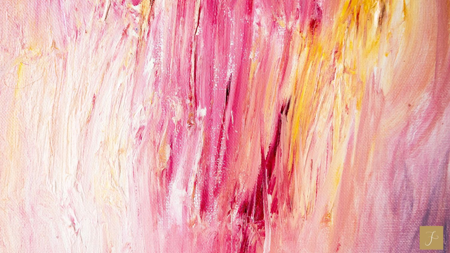 A detail of an abstract painting by Sara Pang with pink, yellow stripes.