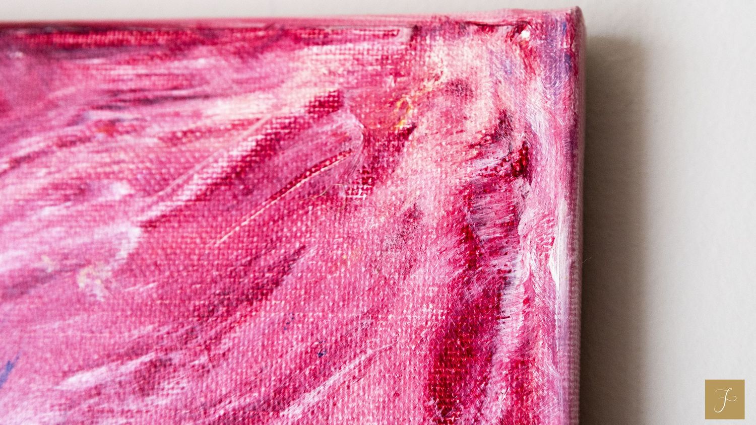 The corner of an abstract painting by Sara Pang with dark pink smeared tones.