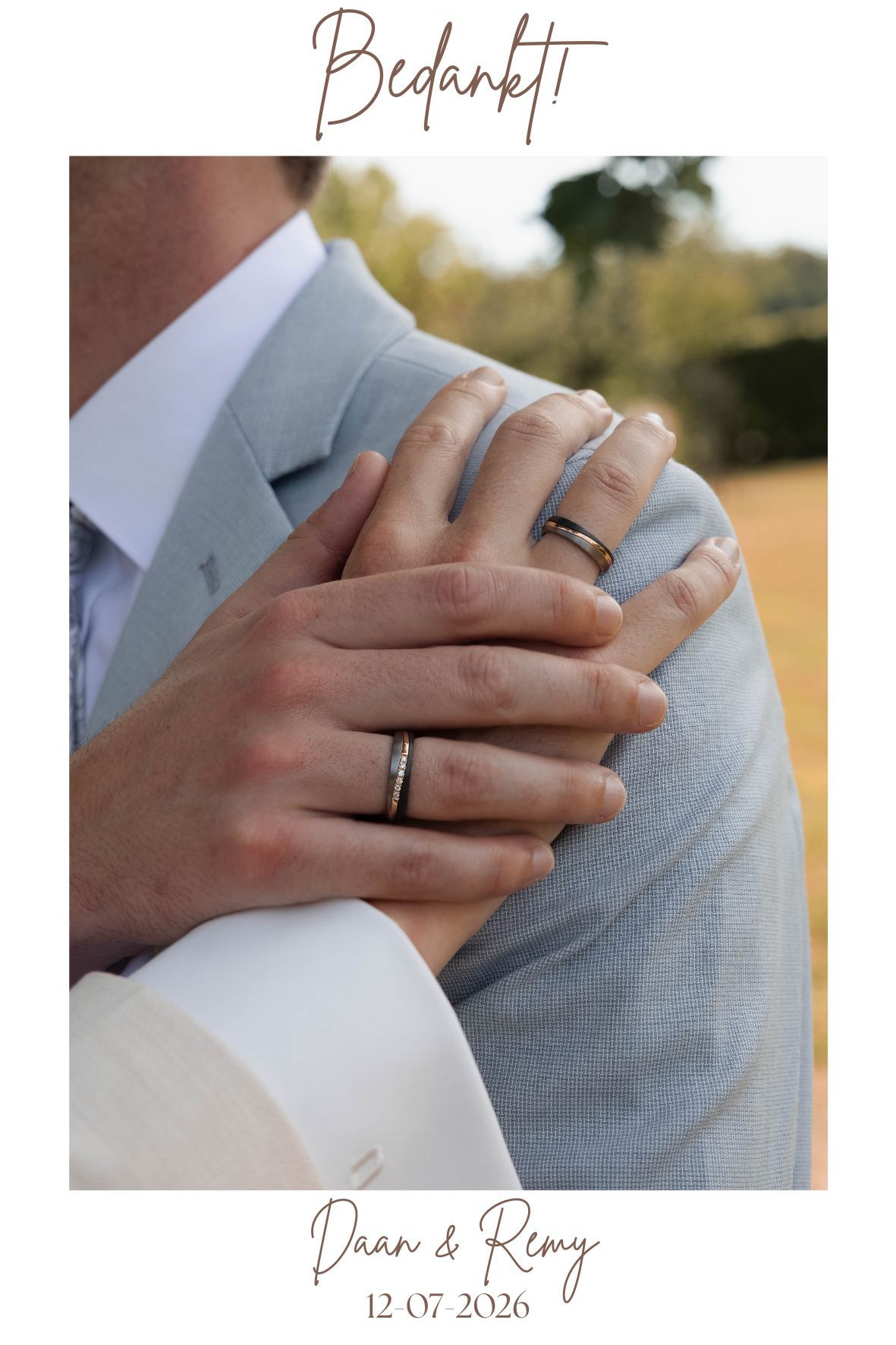 Close-up of Daan and Remy's wedding rings on their hands, with a thank you card dated 12.07.2026.