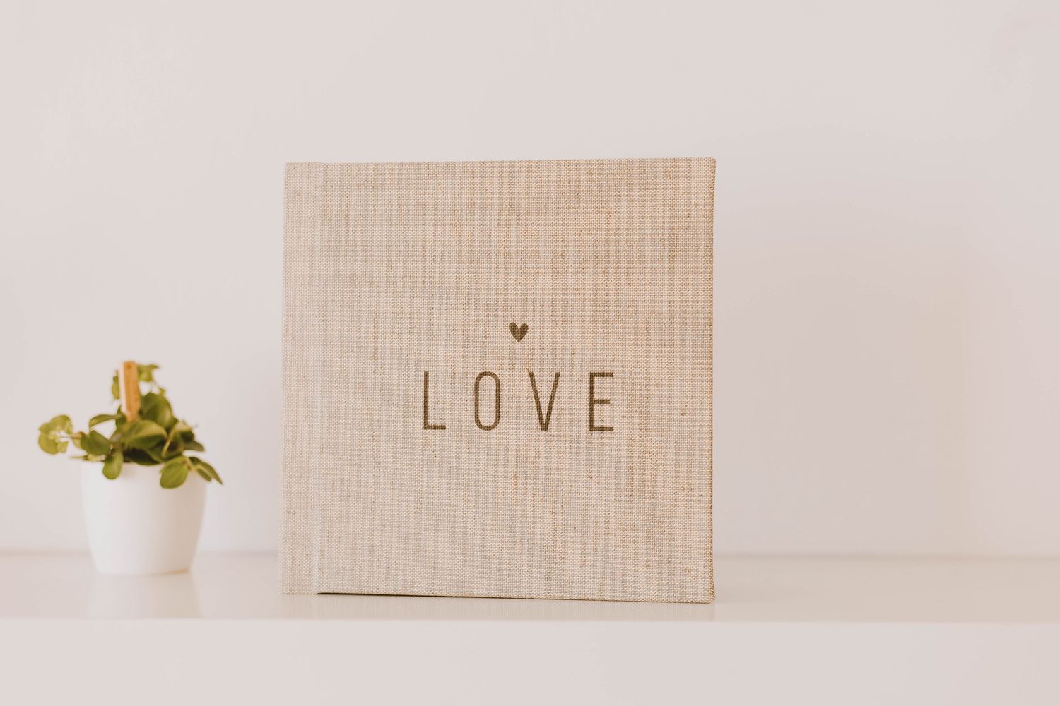 A burlap LOVE sign with a small heart sits on a white shelf beside a small green potted plant.
