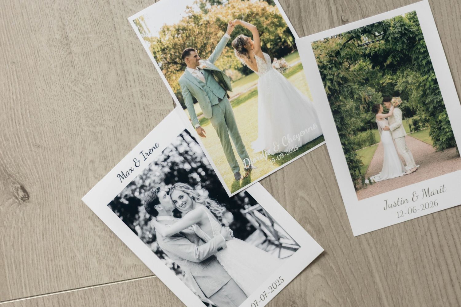 Three wedding photo prints arranged on a wooden surface, featuring couples in bridal attire celebrating their special day.