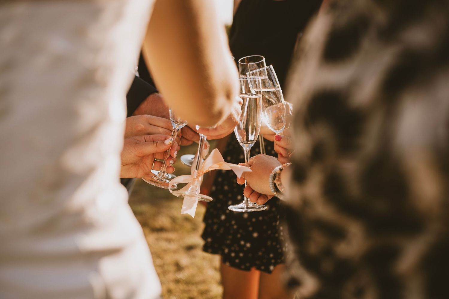 Wedding guests toasting with champagne glasses during celebration.