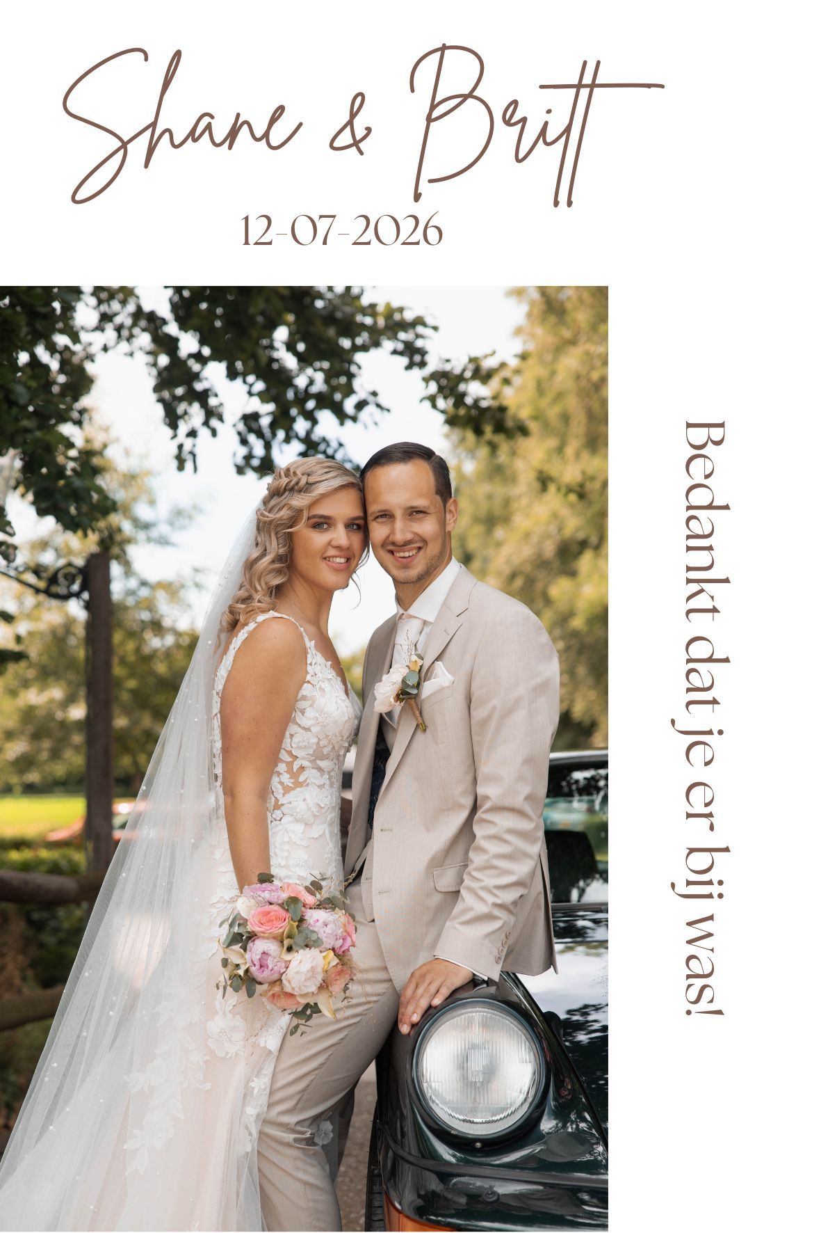 Shane and Britt wedding photo dated 12-07-2026, couple posing by vintage car with bridal bouquet.