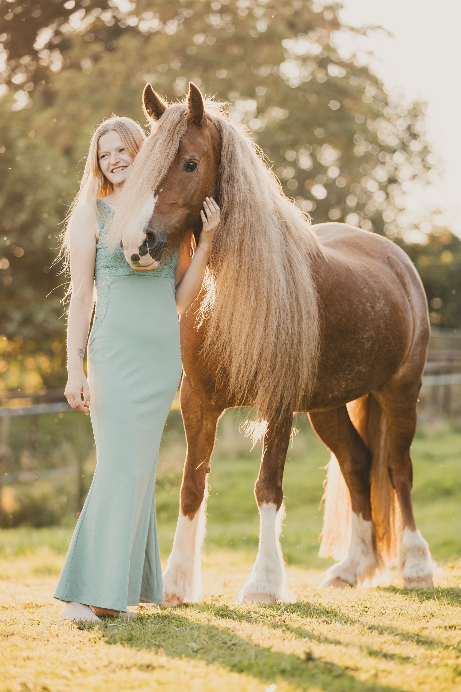 A brown horse with flowing mane stands in golden sunlight next to someone wearing a turquoise dress in a grassy field.